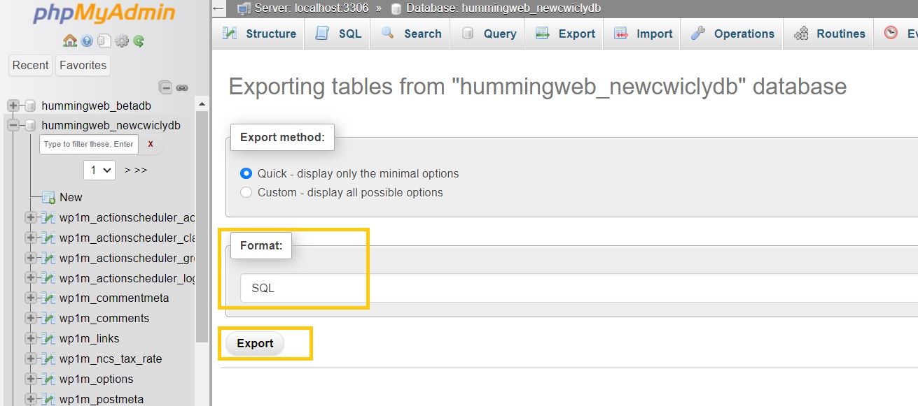 export sqlfile