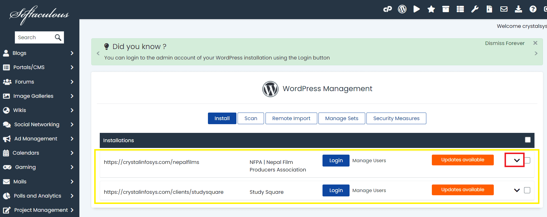 Select Domain or website name from List from Softaculous