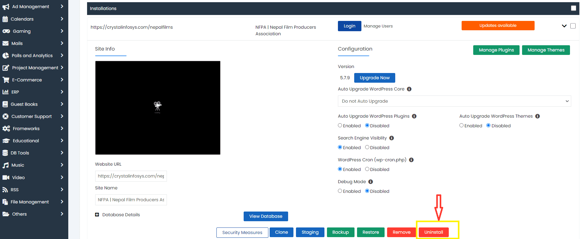Softaculous Uninstall WordPress