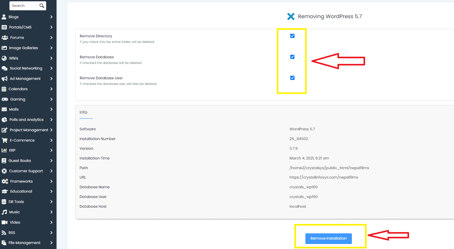 Remove Directory, Remove Database, and Remove Database User