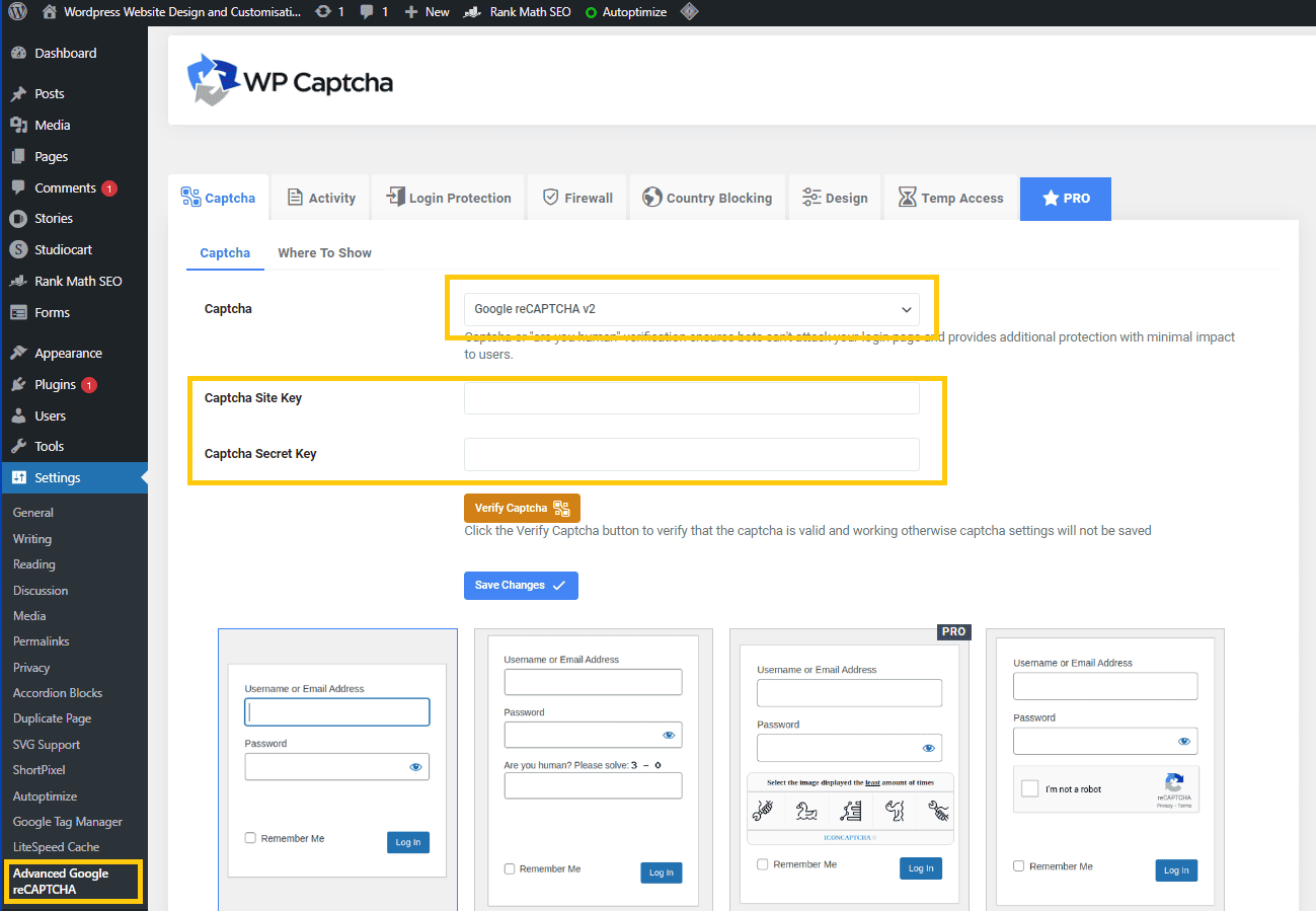 wpcaptcha configure