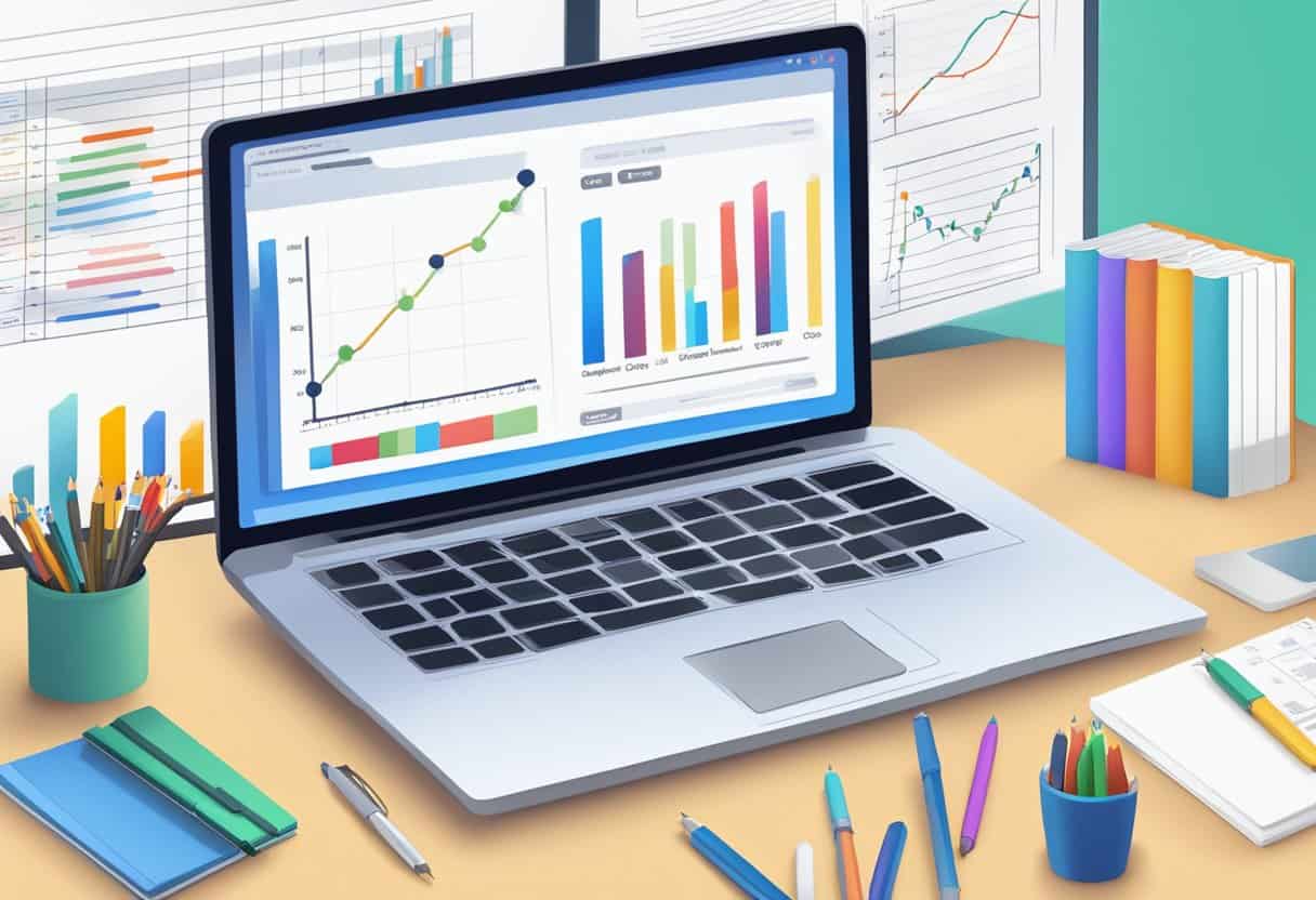 A computer screen with a keyword research tool open, surrounded by notebooks and pens, with a chart or graph showing keyword performance