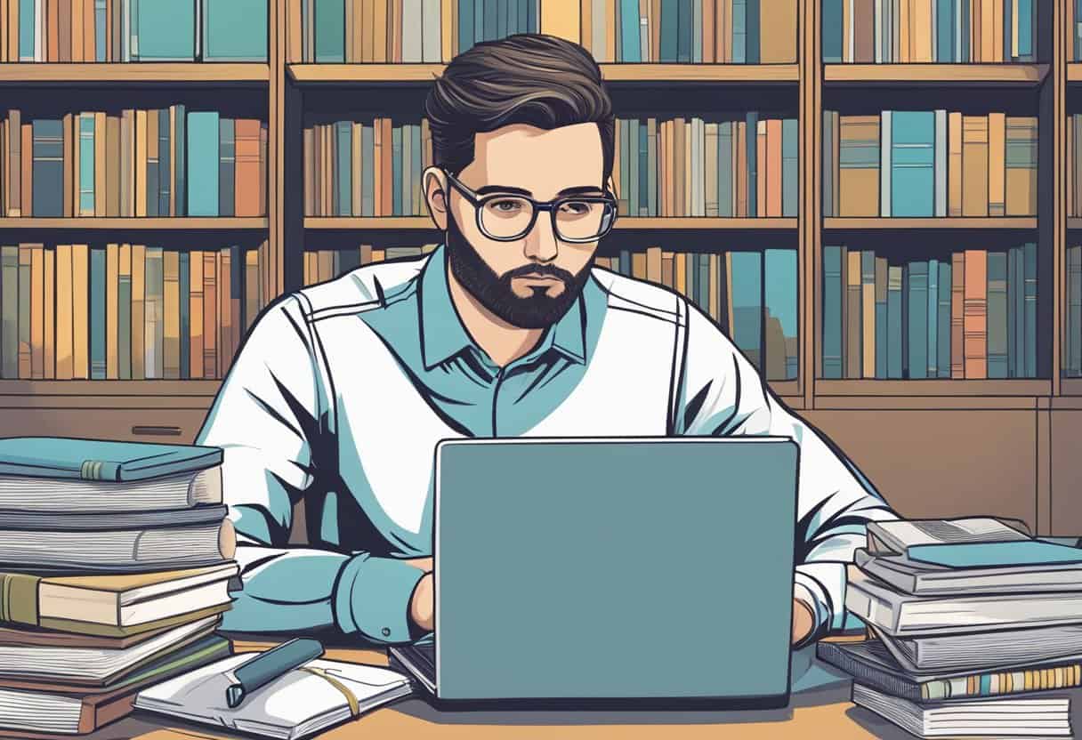 A person sitting at a desk, surrounded by books and a computer, conducting keyword research. The person is focused and determined, with a look of concentration on their face